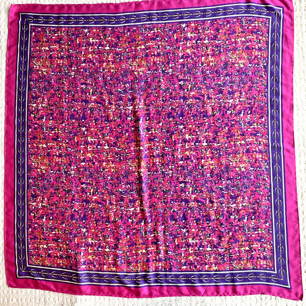 Silky Polyester Scarf Brilliant Fuschia Pink Purple Gold Mod Square Abstract